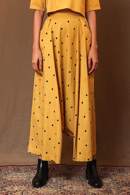 Mati_Yellow Cotton Embroidery Spade Harem Pant _Online_at_Aza_Fashions