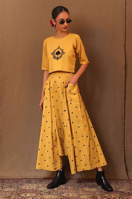 Buy_Mati_Yellow Cotton Embroidery Spade Harem Pant _Online_at_Aza_Fashions