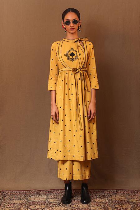 MATI_Yellow Cotton Embroidery Bandeau Neck Spade Angarkha With Pant_Online_at_Aza_Fashions