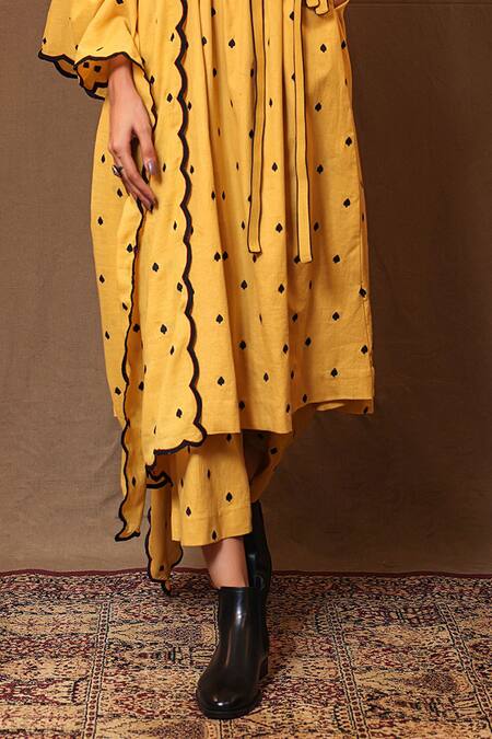 Shop_MATI_Yellow Cotton Embroidery Bandeau Neck Spade Angarkha With Pant_Online_at_Aza_Fashions