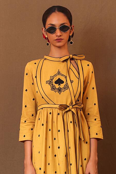 MATI_Yellow Cotton Embroidery Bandeau Neck Spade Angarkha With Pant_at_Aza_Fashions