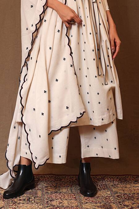 Mati_Off White Cotton Embroidery Bandeau Neck Spade Angarkha With Pant _Online_at_Aza_Fashions