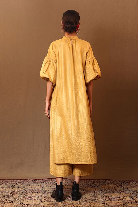 Shop_Mati_Yellow Cotton Metallic Stripe Print Pant _at_Aza_Fashions