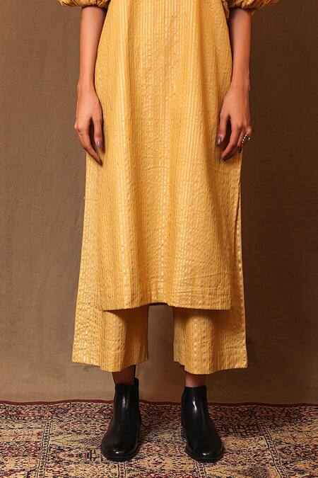 Mati_Yellow Cotton Metallic Stripe Print Pant _Online_at_Aza_Fashions