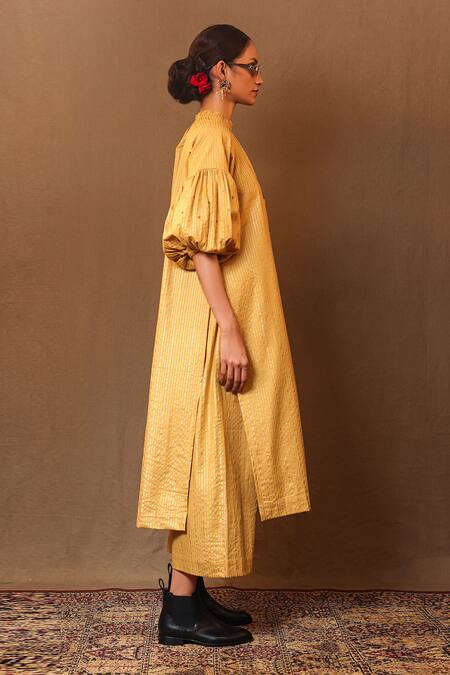 Buy_Mati_Yellow Cotton Metallic Stripe Print Pant _Online_at_Aza_Fashions