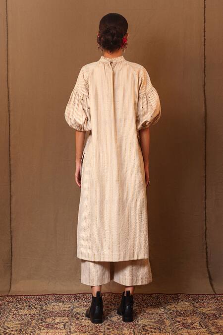 Shop MATI_1 Off White Cotton Metallic Stripe Print Straight Pant at Aza Fashions Shop_MATI_1_Off White Cotton Metallic Stripe Print Straight Pant _at_Aza_Fashions