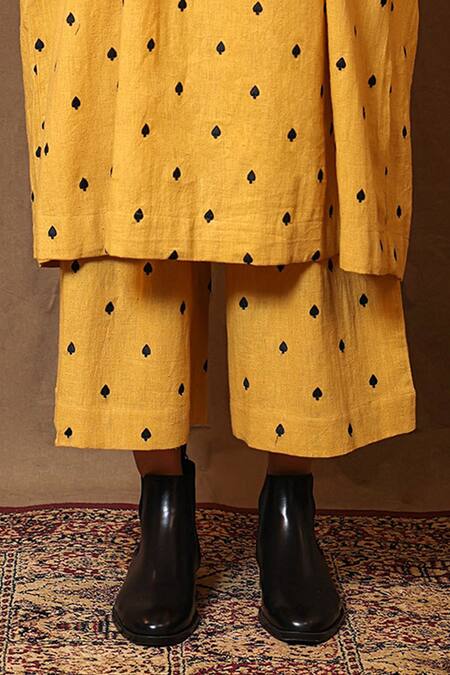 Mati_Yellow Cotton Embroidery Spade Flared Pant _Online_at_Aza_Fashions