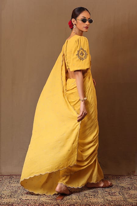 Shop MATI_1 Yellow Cotton Embroidery, Zari Round Neck Saree With Blouse at Aza Fashions Shop_MATI_1_Yellow Cotton Embroidery, Zari Round Neck Saree With Blouse _at_Aza_Fashions