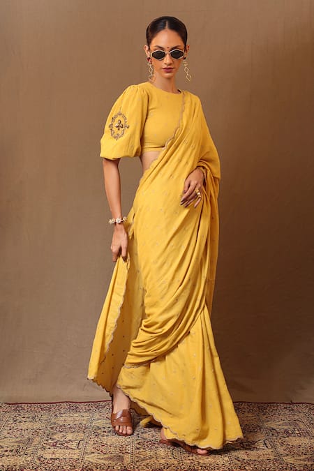MATI_1 Yellow Cotton Embroidery, Zari Round Neck Saree With Blouse Online at Aza Fashions MATI_1_Yellow Cotton Embroidery, Zari Round Neck Saree With Blouse _Online_at_Aza_Fashions