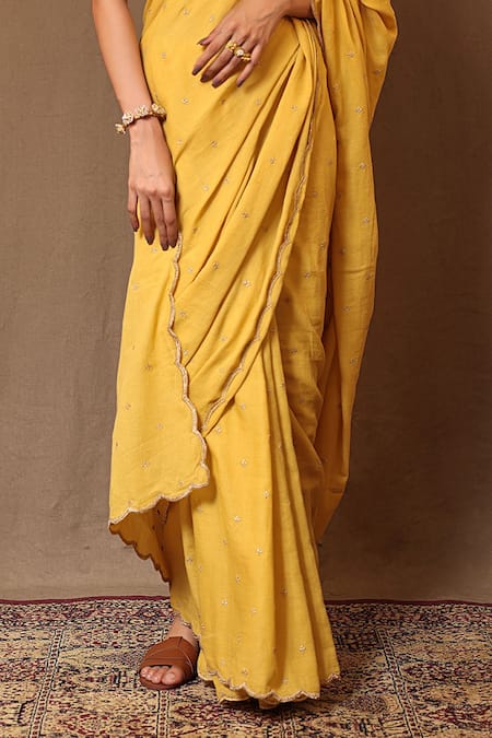 Buy MATI_1 Yellow Cotton Embroidery, Zari Round Neck Saree With Blouse Online at Aza Fashions Buy_MATI_1_Yellow Cotton Embroidery, Zari Round Neck Saree With Blouse _Online_at_Aza_Fashions