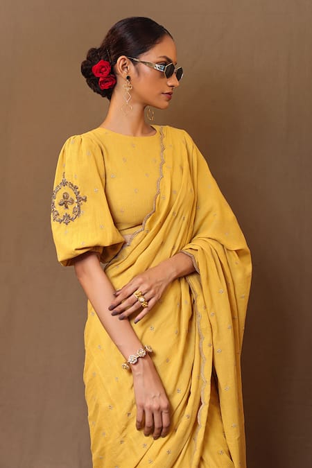 Shop MATI_1 Yellow Cotton Embroidery, Zari Round Neck Saree With Blouse Online at Aza Fashions Shop_MATI_1_Yellow Cotton Embroidery, Zari Round Neck Saree With Blouse _Online_at_Aza_Fashions