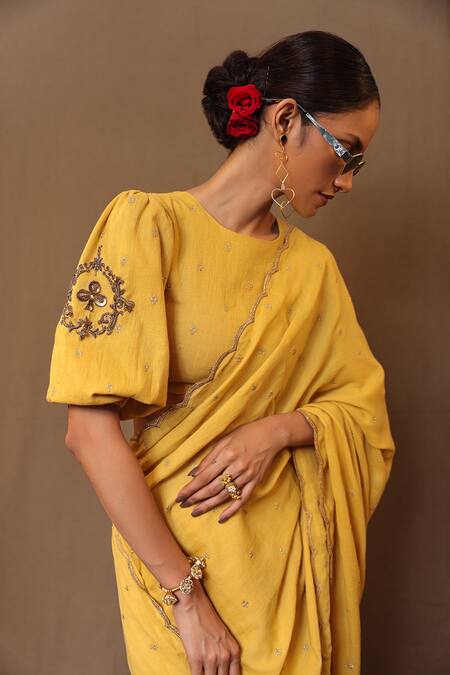 MATI_1 Yellow Cotton Embroidery, Zari Round Neck Saree With Blouse at Aza Fashions MATI_1_Yellow Cotton Embroidery, Zari Round Neck Saree With Blouse _at_Aza_Fashions