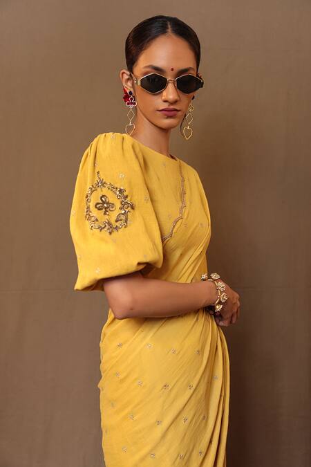 Buy MATI_1 Yellow Cotton Embroidery, Zari Round Neck Saree With Blouse Buy_MATI_1_Yellow Cotton Embroidery, Zari Round Neck Saree With Blouse