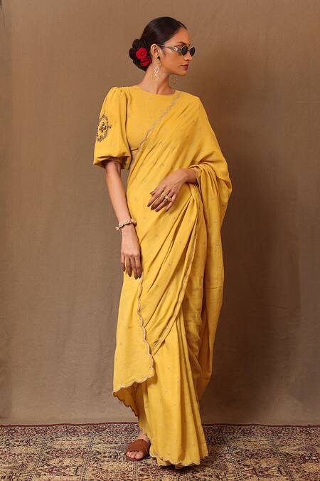 Mati_Yellow Cotton Zari Club Embroidered Saree _Online_at_Aza_Fashions