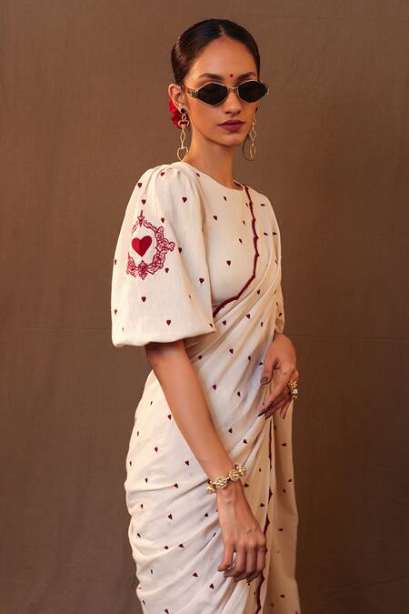 Mati_Off White Cotton Zari Heart Embroidered Saree _at_Aza_Fashions