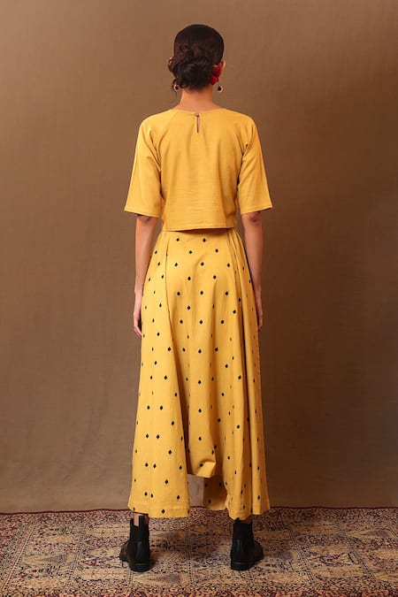 Shop MATI_1 Yellow Cotton Embroidery Round Neck Spade Crop Top With Harem Pant at Aza Fashions Shop_MATI_1_Yellow Cotton Embroidery Round Neck Spade Crop Top With Harem Pant _at_Aza_Fashions