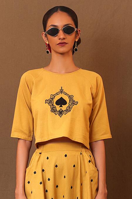 MATI_1 Yellow Cotton Embroidery Round Neck Spade Crop Top With Harem Pant Online at Aza Fashions MATI_1_Yellow Cotton Embroidery Round Neck Spade Crop Top With Harem Pant _Online_at_Aza_Fashions