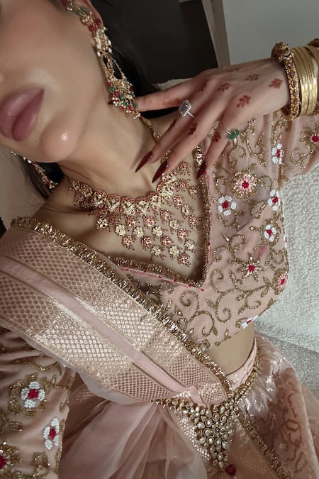 Neha Khullar_Peach Organza, Net, Chanderi Beads, Sequins, Cut Banarasi Bridal Lehenga Set _Online_at_Aza_Fashions