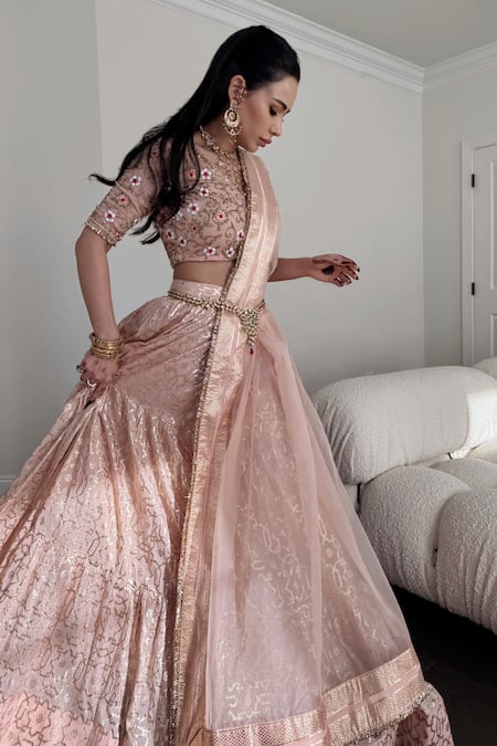 Buy_Neha Khullar_Peach Organza, Net, Chanderi Beads, Sequins, Cut Banarasi Bridal Lehenga Set _Online_at_Aza_Fashions