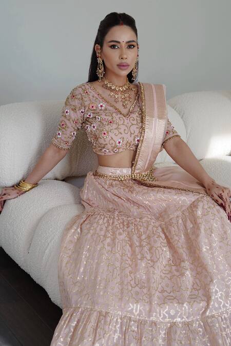 Shop_Neha Khullar_Peach Organza, Net, Chanderi Beads, Sequins, Cut Banarasi Bridal Lehenga Set _Online_at_Aza_Fashions