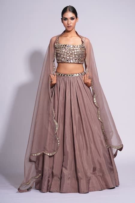 Shruti S_Purple Silk, Organza Mirrors, Sequins Square Embroidered Waistline Lehenga Set _Online_at_Aza_Fashions