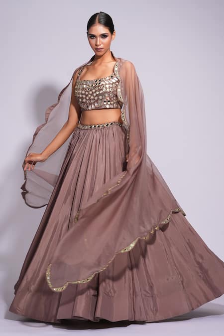 Buy_Shruti S_Purple Silk, Organza Mirrors, Sequins Square Embroidered Waistline Lehenga Set _Online_at_Aza_Fashions