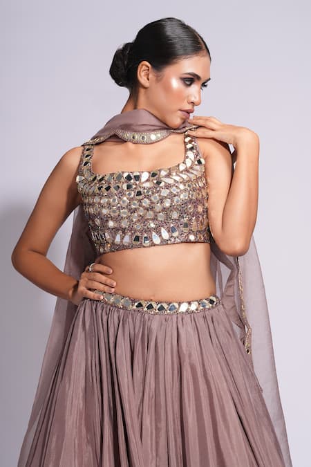 Shruti S_Purple Silk, Organza Mirrors, Sequins Square Embroidered Waistline Lehenga Set _at_Aza_Fashions
