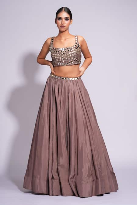 Buy_Shruti S_Purple Silk, Organza Mirrors, Sequins Square Embroidered Waistline Lehenga Set 