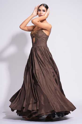 Shruti S Brown Silk Cut Work, Sequins Sweetheart Neck Cutdana Embroidered Yoke Gown Online at Aza Fashions Shruti S_Brown Silk Cut Work, Sequins Sweetheart Neck Cutdana Embroidered Yoke Gown _Online_at_Aza_Fashions