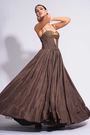 Buy Shruti S Brown Silk Cut Work, Sequins Sweetheart Neck Cutdana Embroidered Yoke Gown Online at Aza Fashions Buy_Shruti S_Brown Silk Cut Work, Sequins Sweetheart Neck Cutdana Embroidered Yoke Gown _Online_at_Aza_Fashions