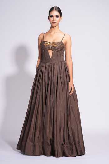 Shop Shruti S Brown Silk Cut Work, Sequins Sweetheart Neck Cutdana Embroidered Yoke Gown Online at Aza Fashions Shop_Shruti S_Brown Silk Cut Work, Sequins Sweetheart Neck Cutdana Embroidered Yoke Gown _Online_at_Aza_Fashions