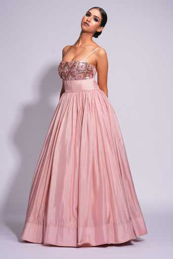 Shruti S_Pink Silk, Georgette Sequins, Cut Work 3d And Cutdana Embroidered Yoke Gown _Online_at_Aza_Fashions