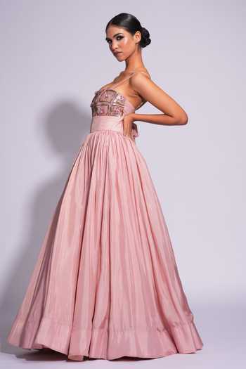 Buy_Shruti S_Pink Silk, Georgette Sequins, Cut Work 3d And Cutdana Embroidered Yoke Gown _Online_at_Aza_Fashions