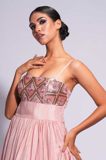 Shop_Shruti S_Pink Silk, Georgette Sequins, Cut Work 3d And Cutdana Embroidered Yoke Gown _Online_at_Aza_Fashions