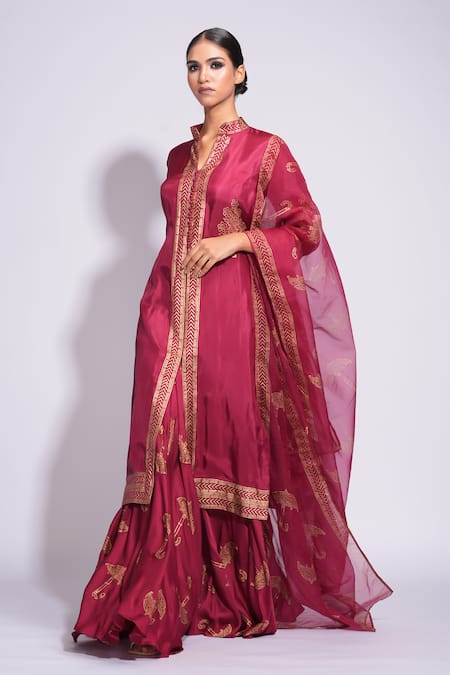 Shruti S_Red Silk, Modal, Satin, Organza Embroidery Hand Block Printed Kurta Sharara Set _Online_at_Aza_Fashions