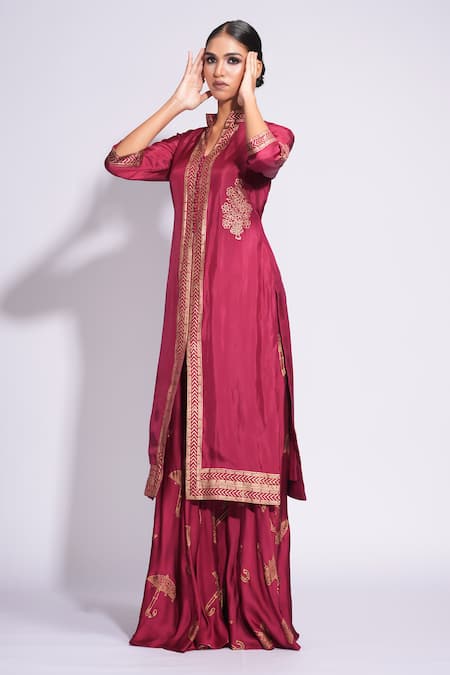 Buy_Shruti S_Red Silk, Modal, Satin, Organza Embroidery Hand Block Printed Kurta Sharara Set _Online_at_Aza_Fashions