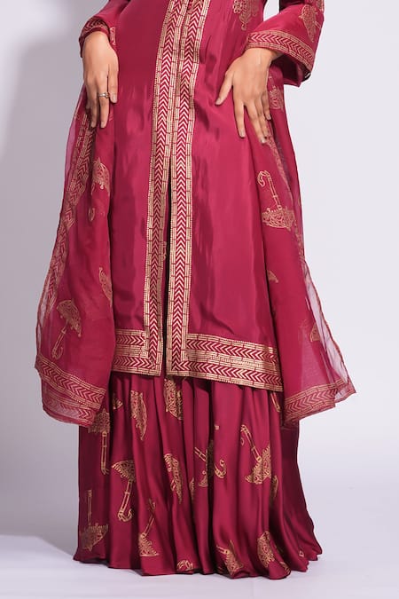 Shop_Shruti S_Red Silk, Modal, Satin, Organza Embroidery Hand Block Printed Kurta Sharara Set _Online_at_Aza_Fashions