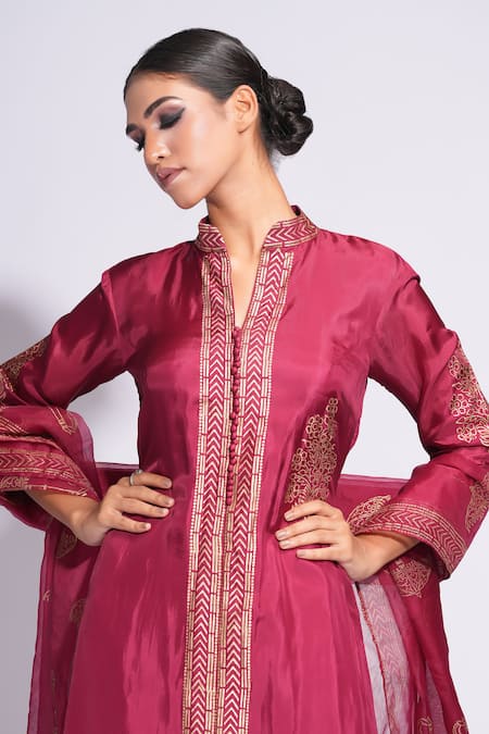 Shruti S_Red Silk, Modal, Satin, Organza Embroidery Hand Block Printed Kurta Sharara Set _at_Aza_Fashions