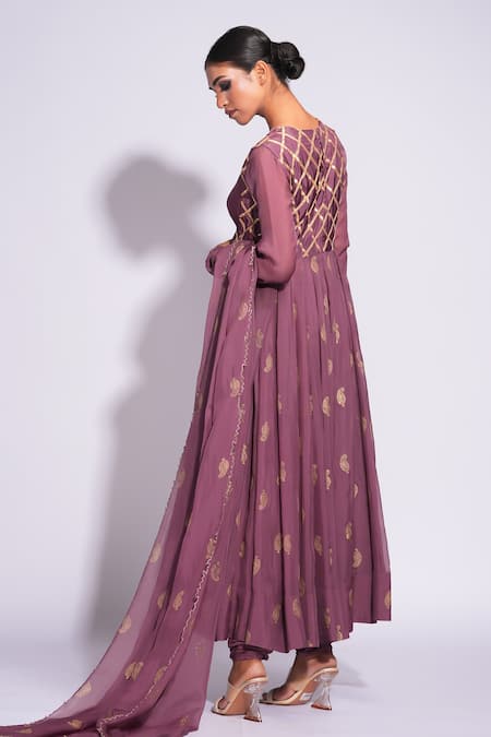 Shop Shruti S Wine Organza, Cotton Pearls, Sequins, Gota Patti, And Embroidered Anarkali Set at Aza Fashions Shop_Shruti S_Wine Organza, Cotton Pearls, Sequins, Gota Patti, And Embroidered Anarkali Set _at_Aza_Fashions