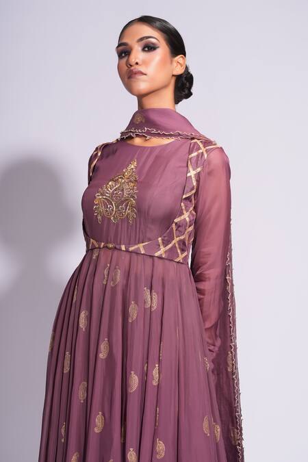 Shruti S Wine Organza, Cotton Pearls, Sequins, Gota Patti, And Embroidered Anarkali Set at Aza Fashions Shruti S_Wine Organza, Cotton Pearls, Sequins, Gota Patti, And Embroidered Anarkali Set _at_Aza_Fashions
