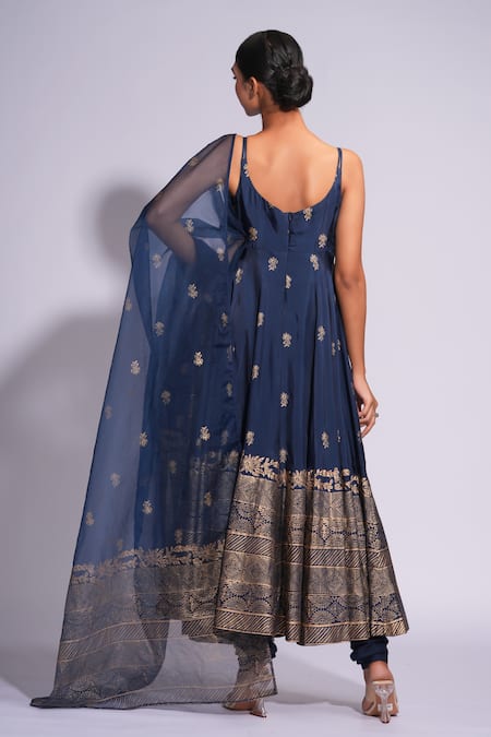 Shop Shruti S Blue Organza, Cotton Embroidery, Pearls Square Hand Block Printed Anarkali Set at Aza Fashions Shop_Shruti S_Blue Organza, Cotton Embroidery, Pearls Square Hand Block Printed Anarkali Set _at_Aza_Fashions