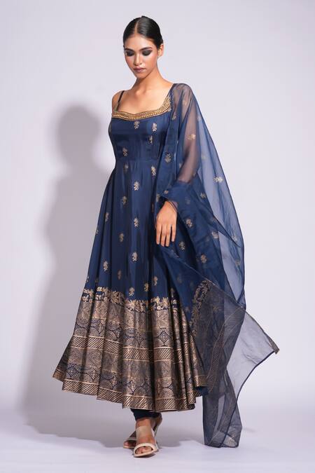Buy Shruti S Blue Organza, Cotton Embroidery, Pearls Square Hand Block Printed Anarkali Set Online at Aza Fashions Buy_Shruti S_Blue Organza, Cotton Embroidery, Pearls Square Hand Block Printed Anarkali Set _Online_at_Aza_Fashions