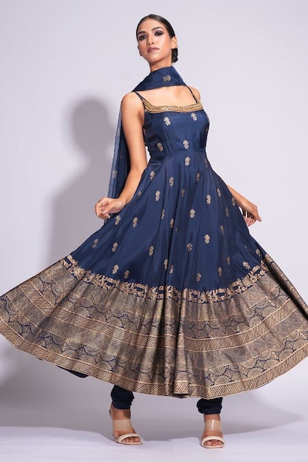 Shop Shruti S Blue Organza, Cotton Embroidery, Pearls Square Hand Block Printed Anarkali Set Online at Aza Fashions Shop_Shruti S_Blue Organza, Cotton Embroidery, Pearls Square Hand Block Printed Anarkali Set _Online_at_Aza_Fashions