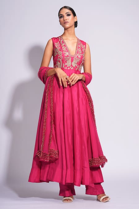 Shruti S Pink Anarkali And Pant Silk Embroidered Zari Blunt V Set 