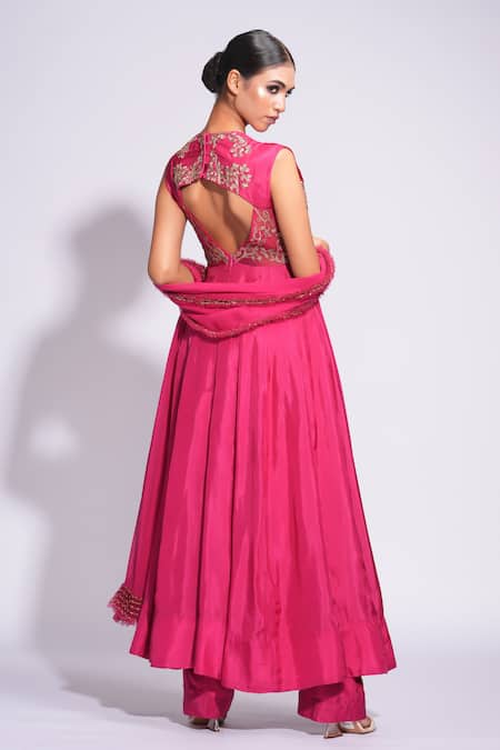 Shop Shruti S Pink Silk, Georgette Sequins, Embroidery, Zari V-neck Anarkali Pant Set at Aza Fashions Shop_Shruti S_Pink Silk, Georgette Sequins, Embroidery, Zari V-neck Anarkali Pant Set _at_Aza_Fashions