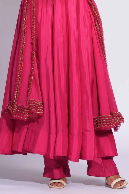 Shruti S Pink Silk, Georgette Sequins, Embroidery, Zari V-neck Anarkali Pant Set Online at Aza Fashions Shruti S_Pink Silk, Georgette Sequins, Embroidery, Zari V-neck Anarkali Pant Set _Online_at_Aza_Fashions