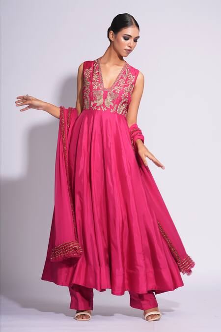 Buy Shruti S Pink Silk, Georgette Sequins, Embroidery, Zari V-neck Anarkali Pant Set Online at Aza Fashions Buy_Shruti S_Pink Silk, Georgette Sequins, Embroidery, Zari V-neck Anarkali Pant Set _Online_at_Aza_Fashions
