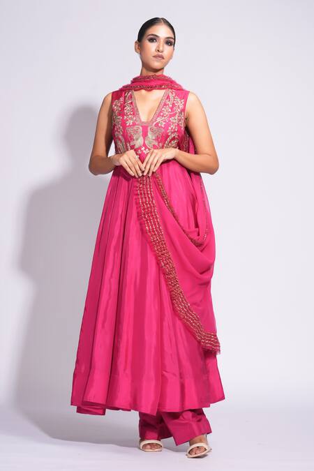 Shop Shruti S Pink Silk, Georgette Sequins, Embroidery, Zari V-neck Anarkali Pant Set Online at Aza Fashions Shop_Shruti S_Pink Silk, Georgette Sequins, Embroidery, Zari V-neck Anarkali Pant Set _Online_at_Aza_Fashions