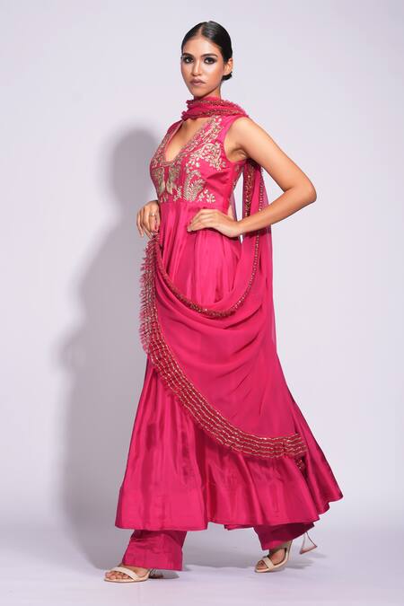 Shruti S Pink Silk, Georgette Sequins, Embroidery, Zari V-neck Anarkali Pant Set at Aza Fashions Shruti S_Pink Silk, Georgette Sequins, Embroidery, Zari V-neck Anarkali Pant Set _at_Aza_Fashions