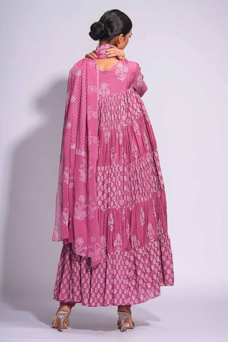 Shop Shruti S Purple Muslin, Taffeta, Georgette Embroidery Hand Block Printed Anarkali Set at Aza Fashions Shop_Shruti S_Purple Muslin, Taffeta, Georgette Embroidery Hand Block Printed Anarkali Set_at_Aza_Fashions